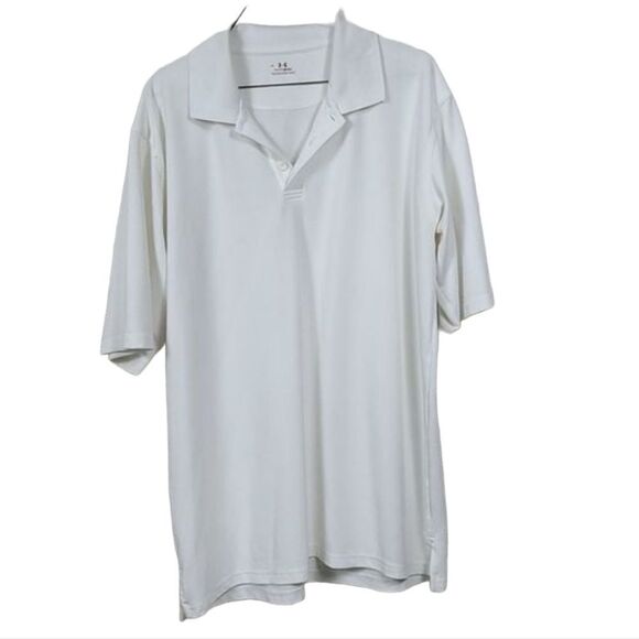Under Armour White HeatGear Men's Polo Shirt Large Short Sleeve Jersey Knit UA - Picture 1 of 8